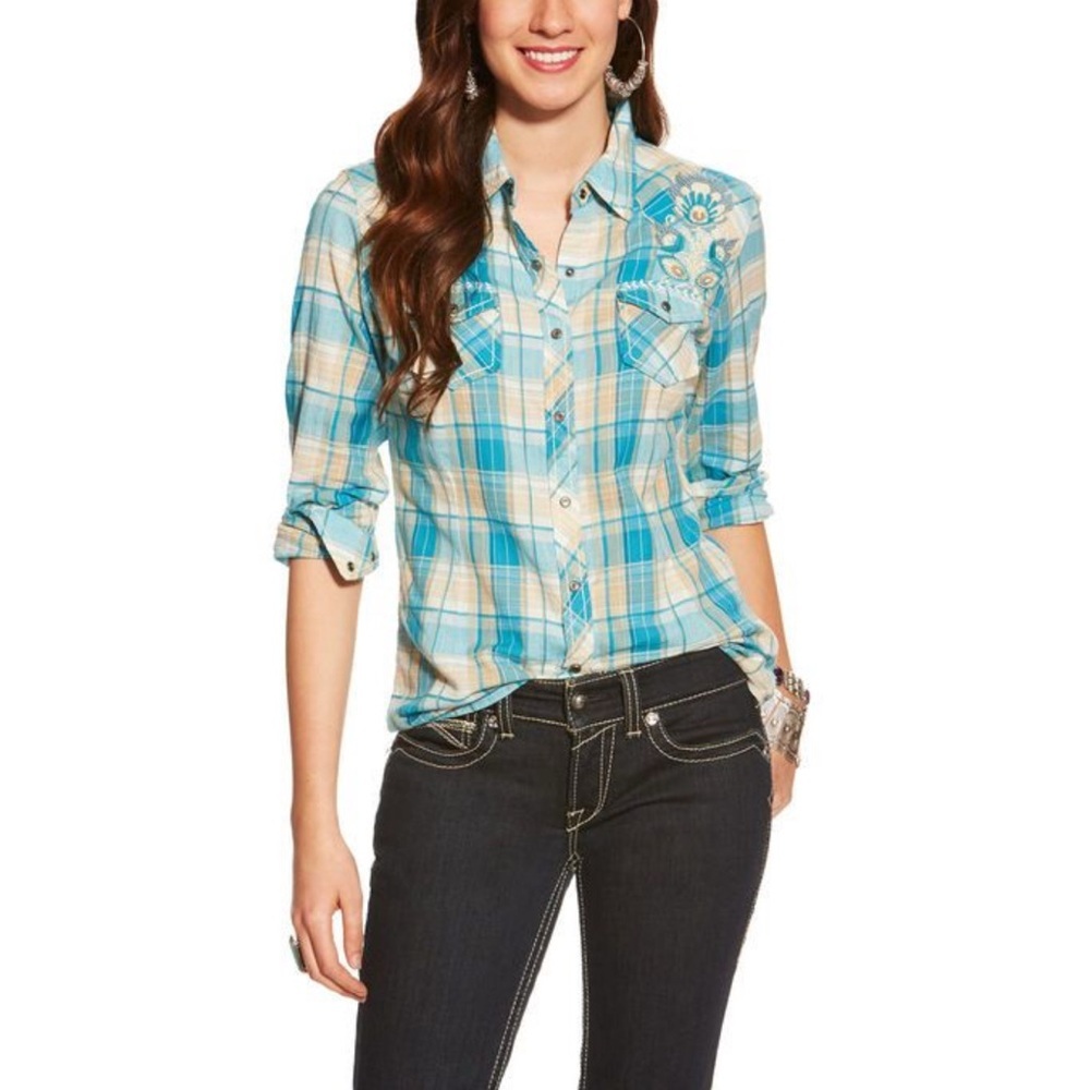 Wrangler Women's Plaid Embroidered Pearl Snap Shirt Metallic Threads Cotton Sz M